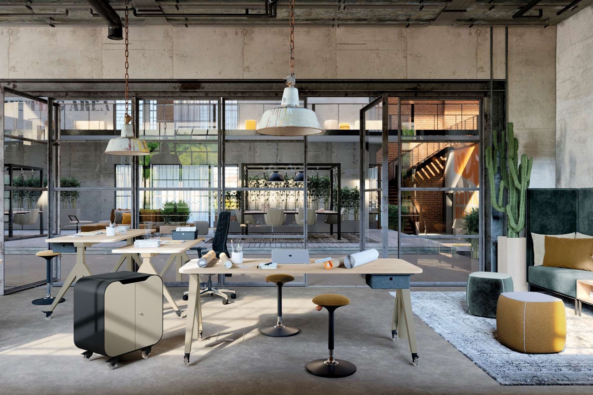 freundliches Bürozimmer mit flexiblen Möbeln und Sitzwürfeln